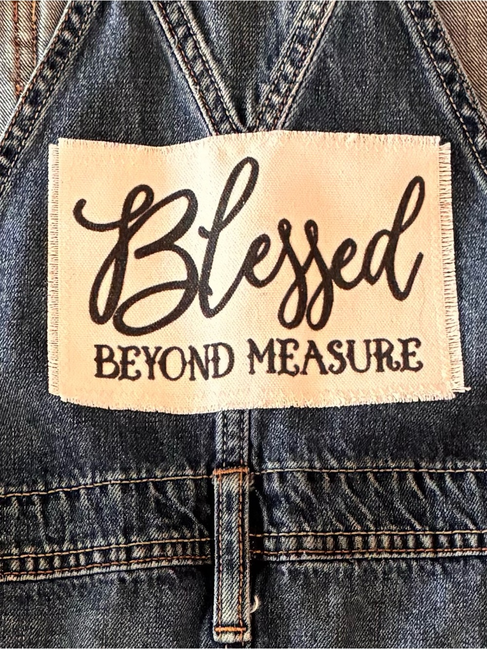 Upcycled Denim Overalls Skirt. Recycled Denim. Blessed. Large*. - Picture 3 of 10